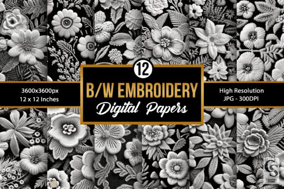 Elegant Black White Floral Embroidery Patterns