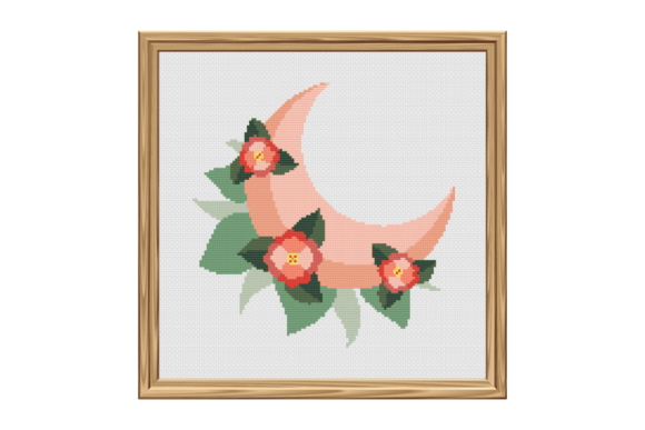 Pink Crescent Moon with Roses Cross Stitch